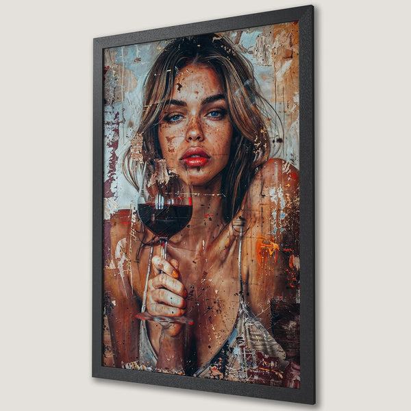 Framed Poster: Woman with wine, abstract art style, warm color palette with red, brown, and blue accents. Perfect wall art!