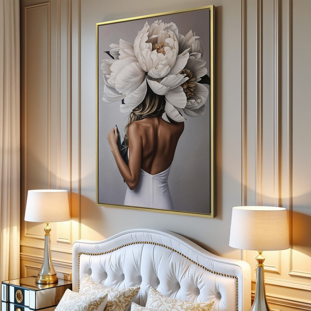Canvas Print of a woman with flower headpiece, neutral tones. Modern art for sophisticated home decor. Minimalist style.