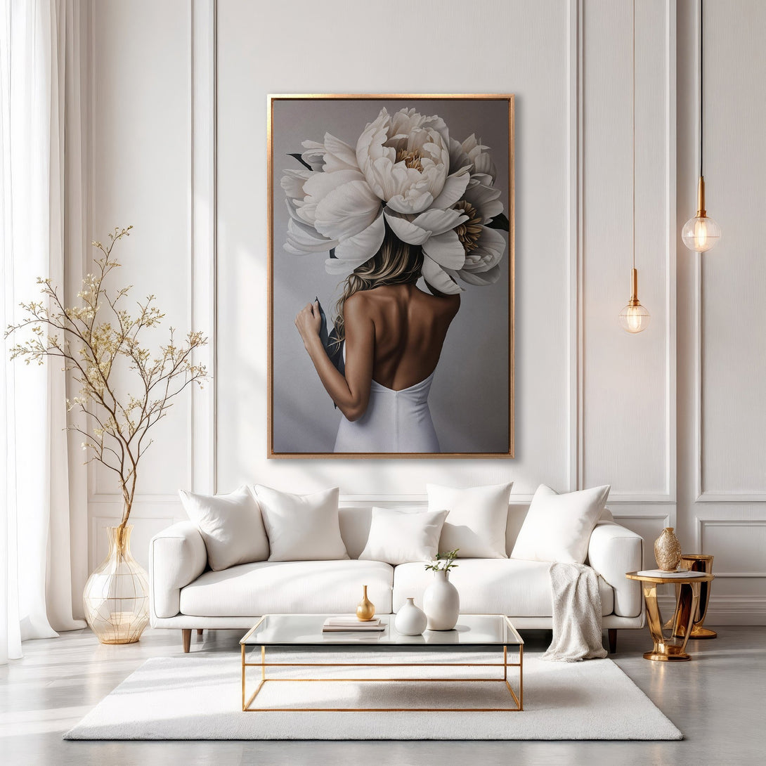 Framed Wall Art: Elegant woman with flower headpiece. Modern art in neutral tones. Perfect for living room decor. Shop our canvas art collection today!