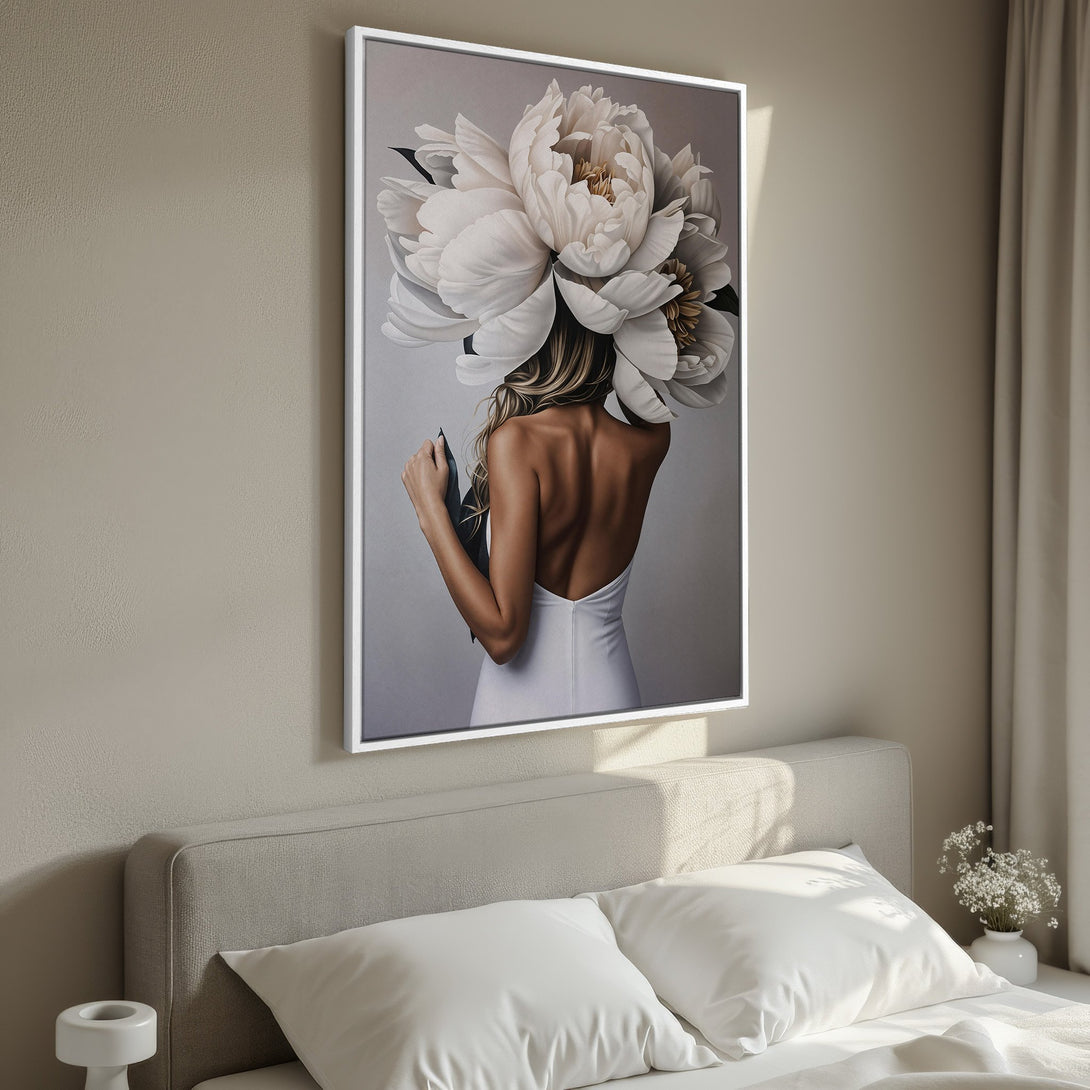 Framed Wall Art: Elegant woman with flower crown in neutral tones. Modern canvas print for bedroom decor, adding a touch of sophistication and style.