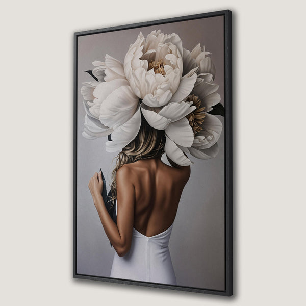 Framed Wall Art: Woman with floral headpiece. Elegant, modern art in neutral tones. Perfect for adding a touch of sophistication to your home decor.