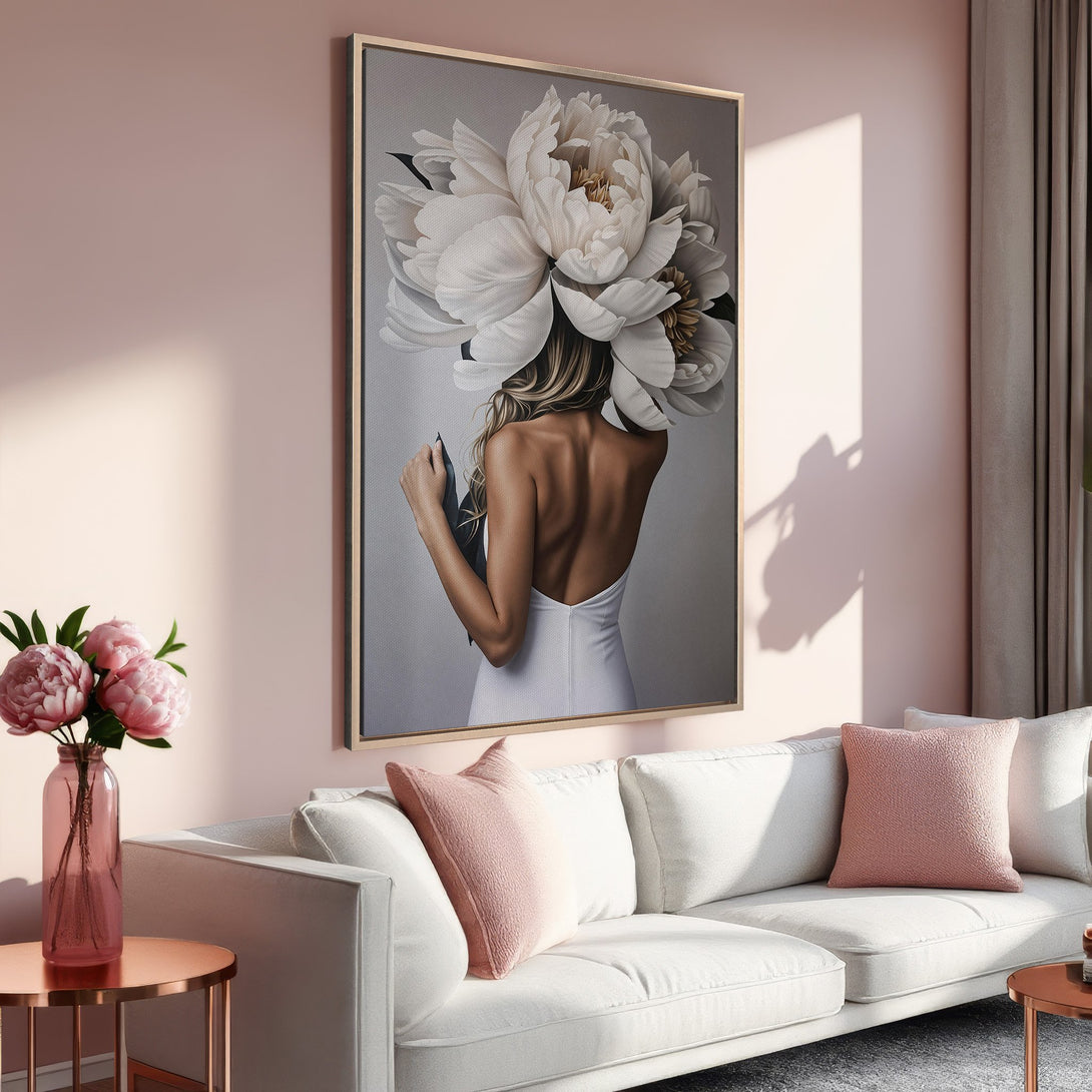Framed Wall Art: Elegant woman with floral headpiece in a modern interior. Soft pink and neutral tones create a serene and stylish ambiance.