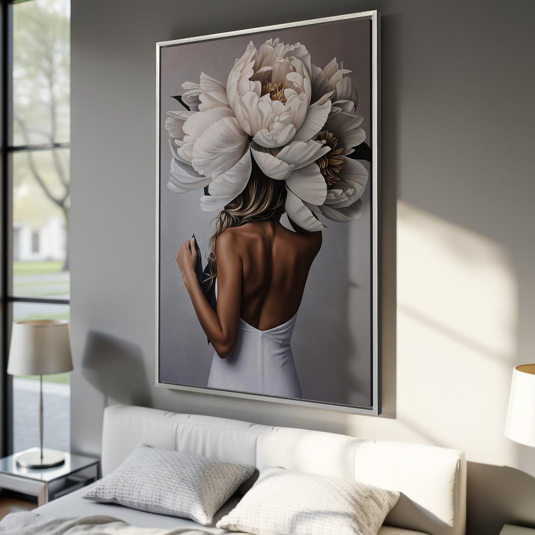 Framed Wall Art: Woman with flower headpiece. Modern art canvas print in neutral color palette. Perfect for bedroom decor.