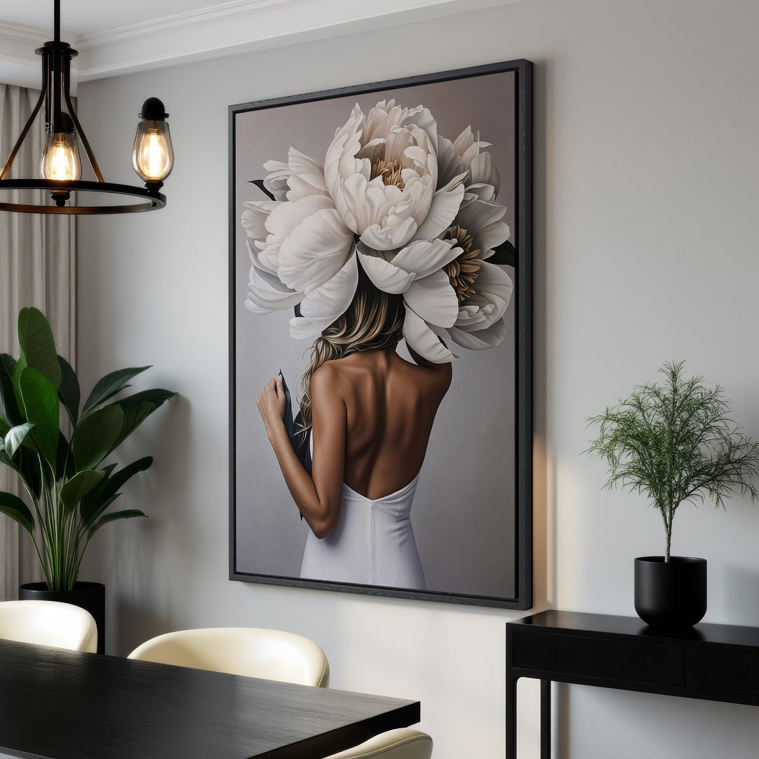 Framed Wall Art: Woman with flower headpiece, modern art in neutral tones. Elegant canvas print for home decor, featuring a minimalist interior design.