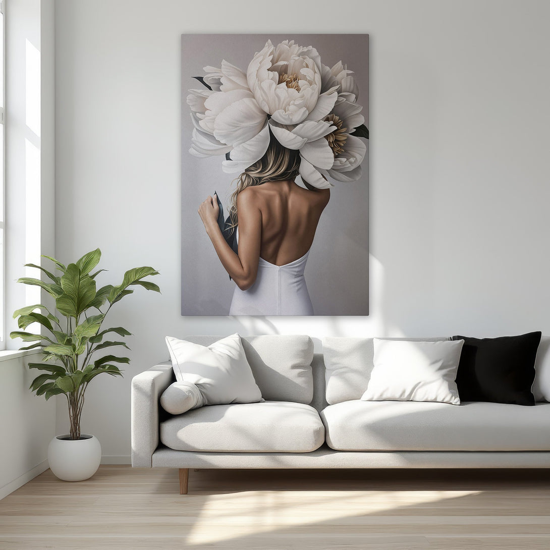 Framed Wall Art: Elegant woman with flower crown, neutral color palette. Modern art Canvas Print, perfect for bedroom decor.