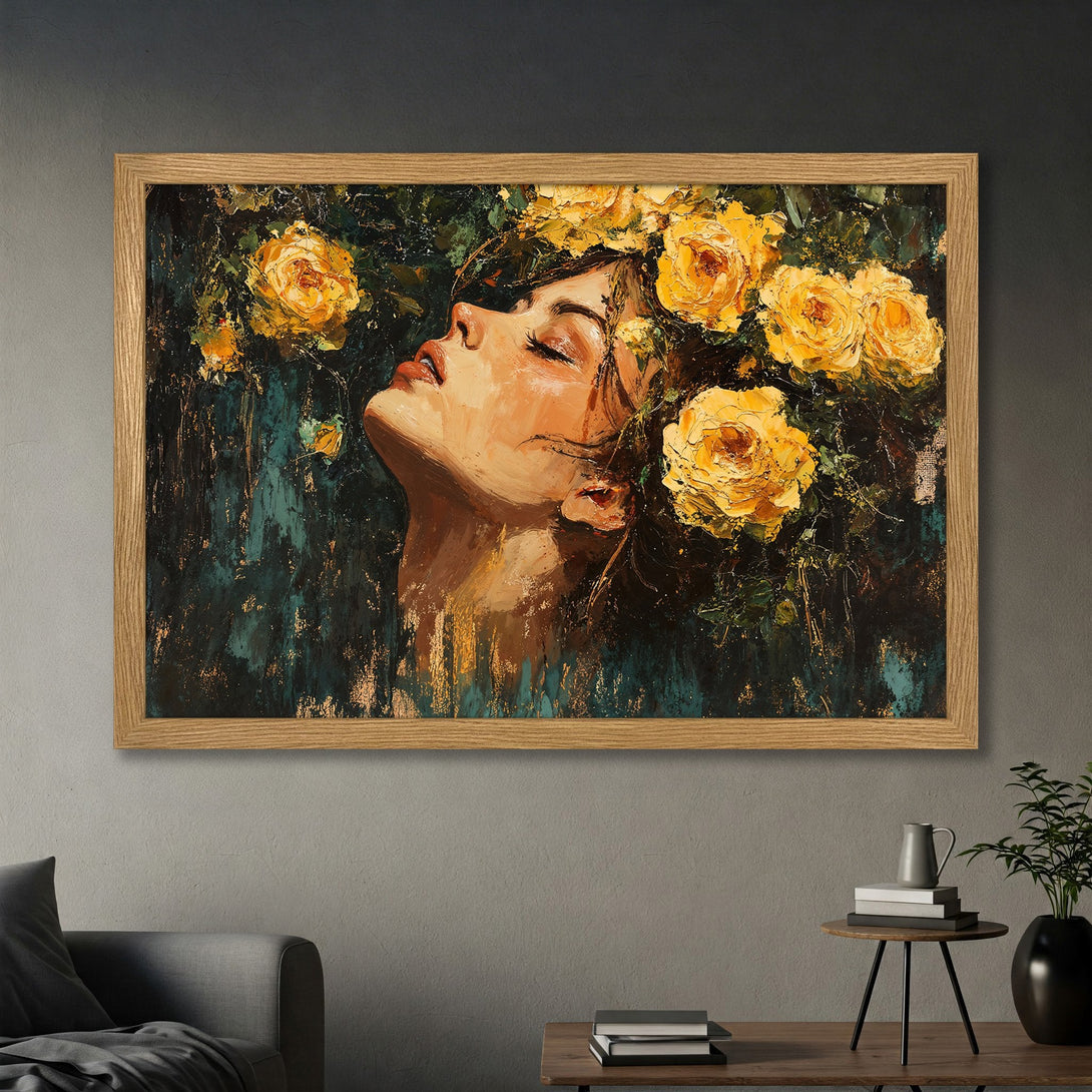Framed Poster featuring a woman with yellow roses, impressionistic style, with a palette of yellow, teal, and brown.