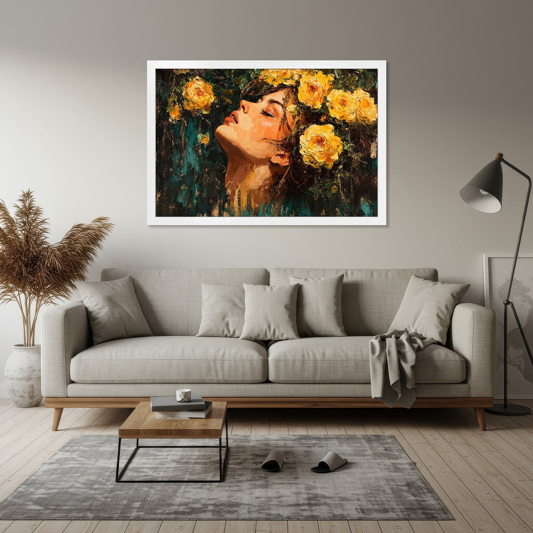 Framed Poster featuring a woman with yellow flowers, painted in an impressionistic style with a teal, yellow, and neutral color palette. Perfect wall art!
