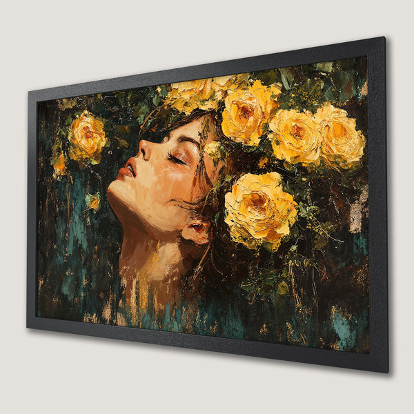 Framed Poster featuring a woman with yellow roses, in an impressionistic style with a teal and gold color palette.