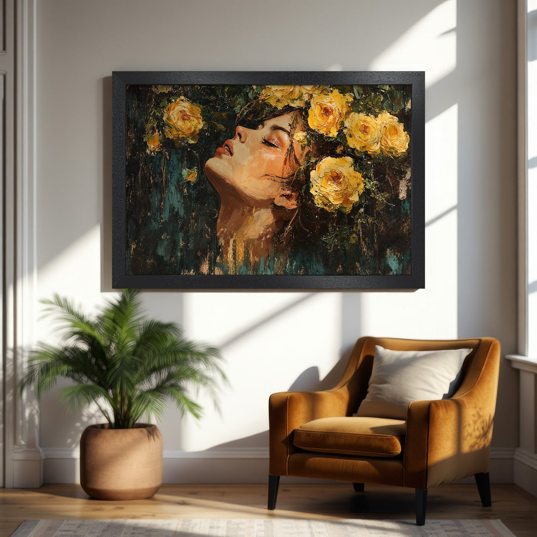 Framed Poster featuring a woman with yellow rose crown, oil painting style, warm color palette. Perfect wall art!