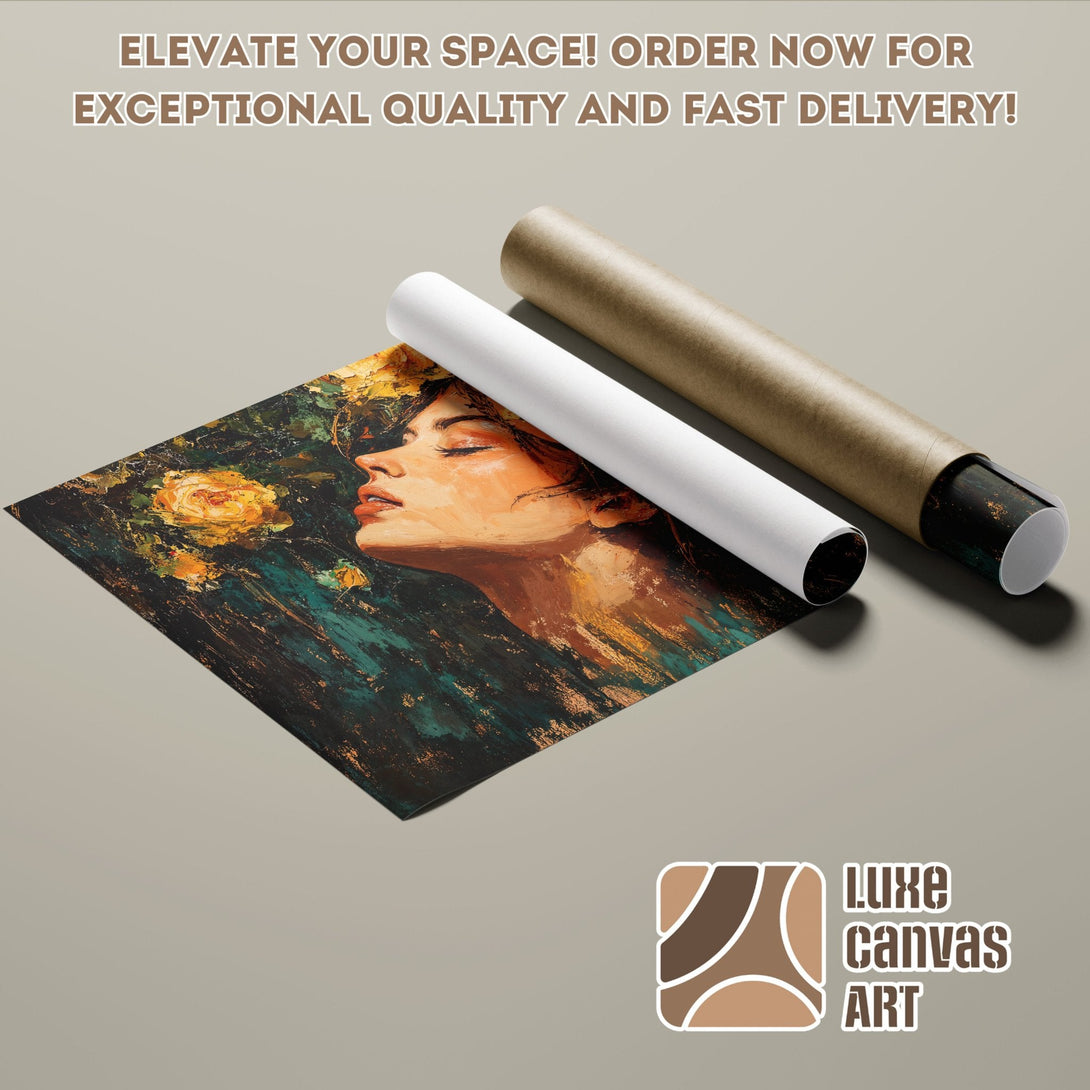 Artistic Poster Roll featuring a woman with flowers, oil painting style, teal & gold palette. Order now!