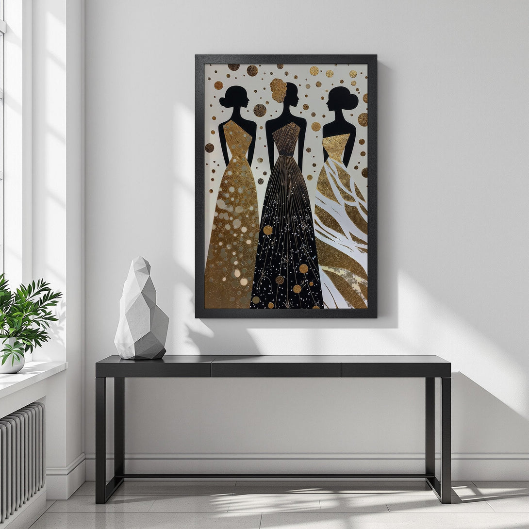 Framed Poster featuring elegant women in gold and black dresses, modern art style, neutral and gold color palette.