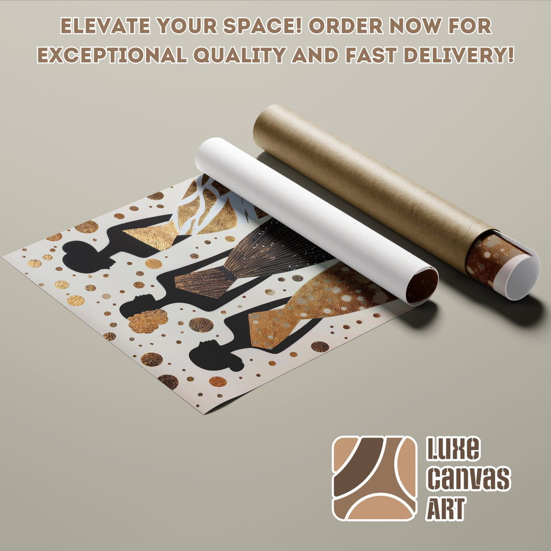 Poster Roll featuring abstract figures in black and gold, neutral color palette. Elevate your space!