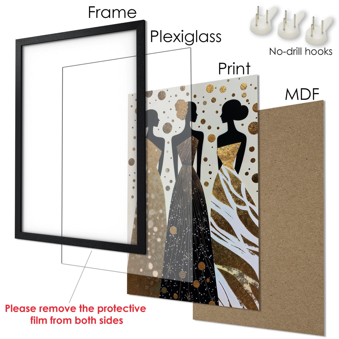 Framed Poster featuring elegant women in gold and black, modern art style, neutral color palette.