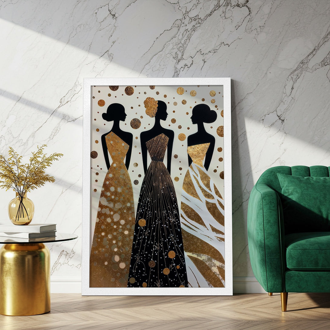 Framed Poster featuring elegant women in gold and black dresses, modern art style, gold and neutral color palette.