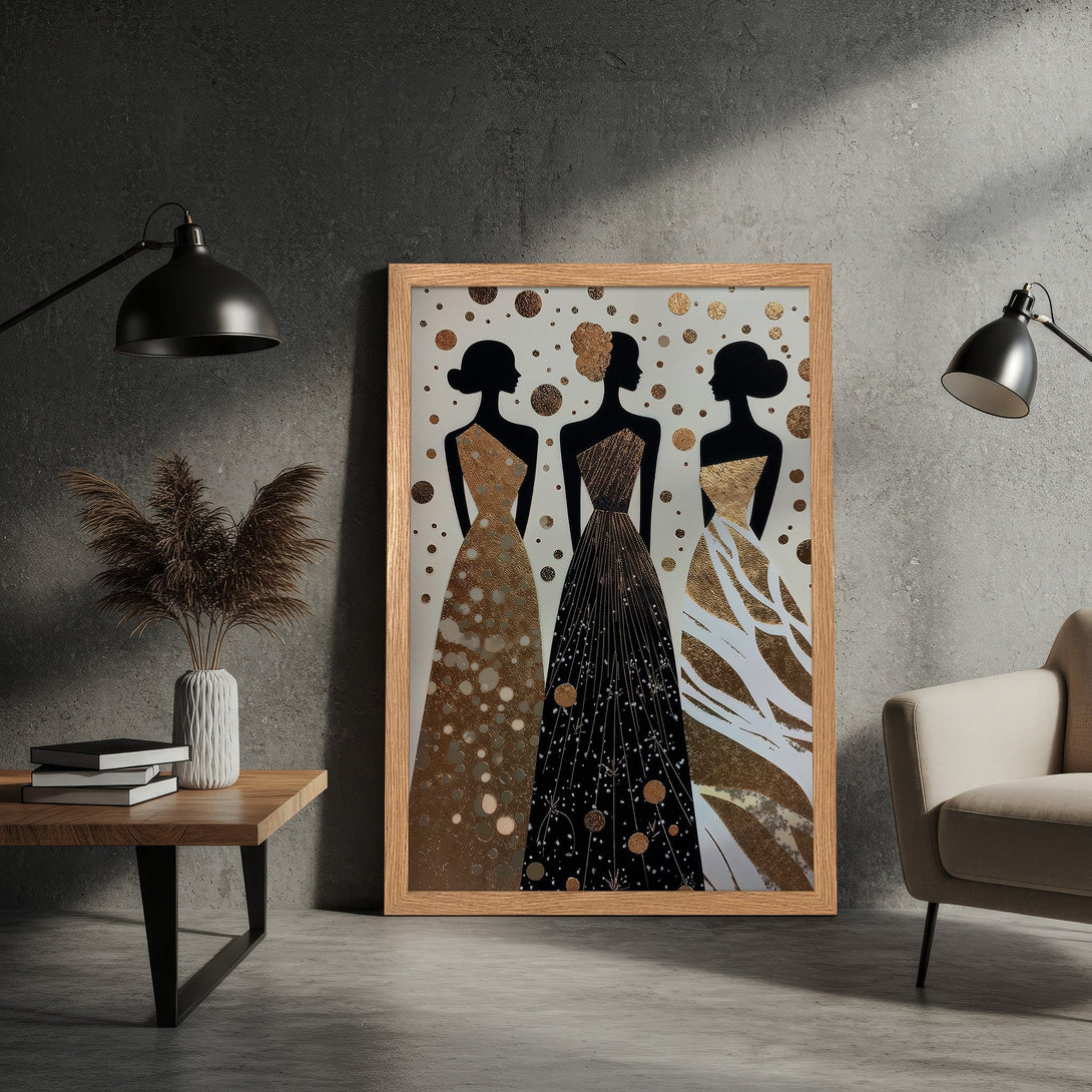 Framed Poster featuring elegant women in gold and black dresses, modern style, neutral color palette. Perfect wall art!