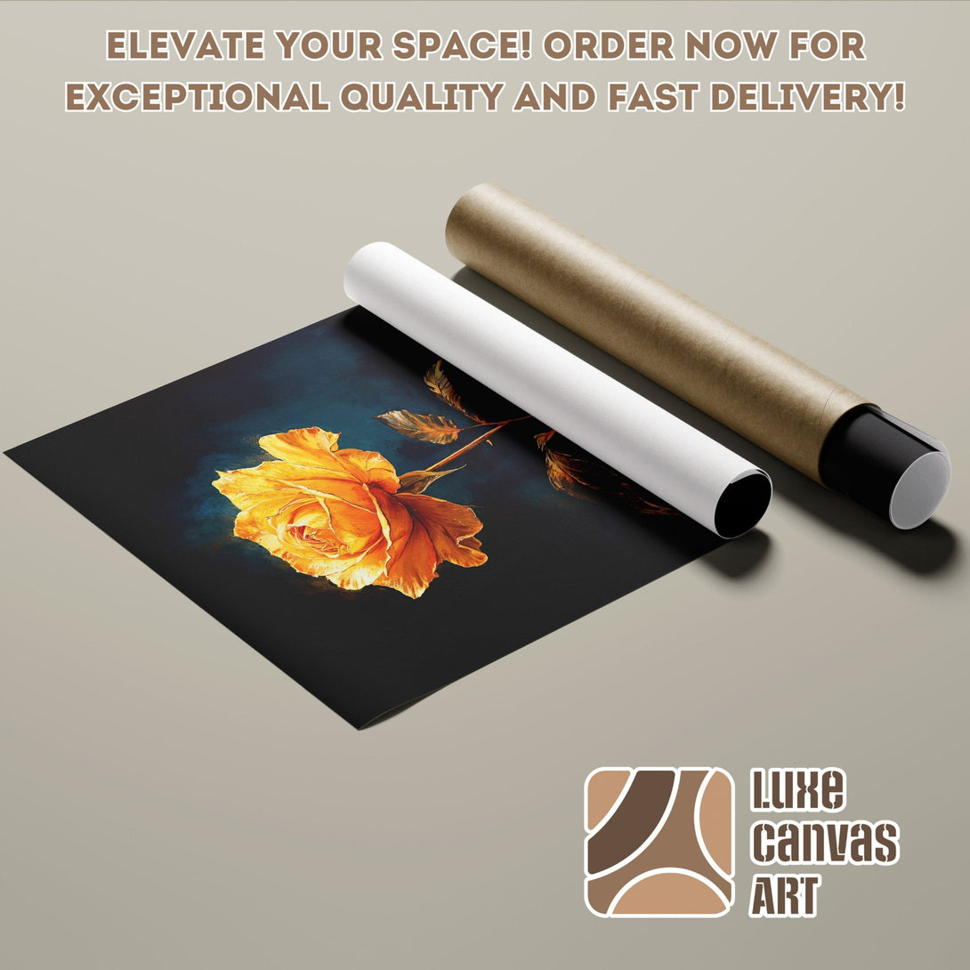 Poster Roll featuring a vibrant orange rose on a dark background, artistic style and warm color palette. Order now!