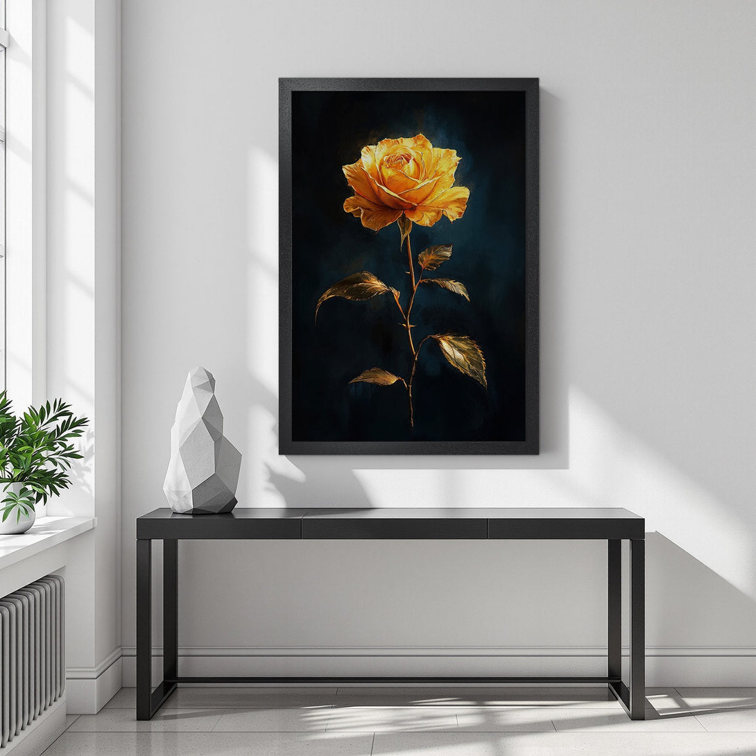 Framed Poster featuring a golden rose on a dark background. Artistic style with a warm, inviting color palette. Perfect wall art!