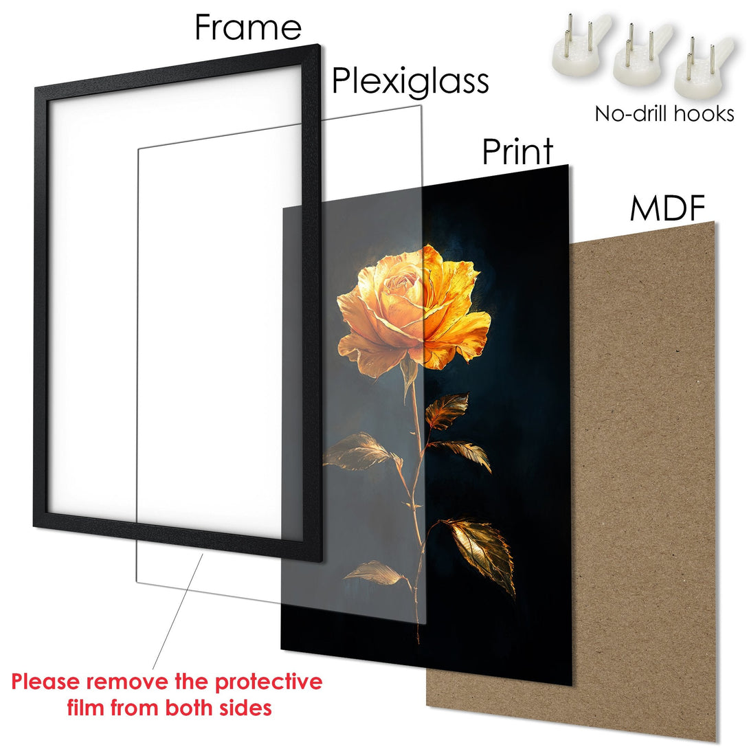 Framed Poster featuring a golden rose. Artistic style with a dark, moody background and warm color palette. Ready to hang!