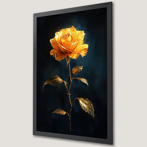 Framed Poster featuring a golden rose against a dark blue backdrop. Elegant floral art print in a modern style with a warm, rich color palette.