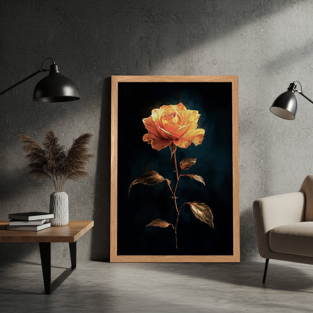 Framed Poster featuring a stunning yellow rose on a dark background. Artistic style, warm color palette perfect for home decor.