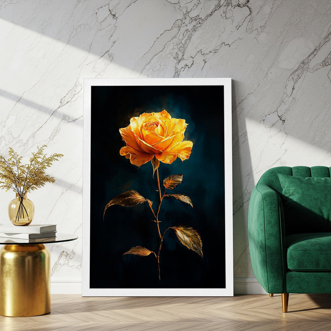 Framed Poster of a vibrant yellow rose art print. Features a dark background, gold and teal accents. Perfect for home decor.