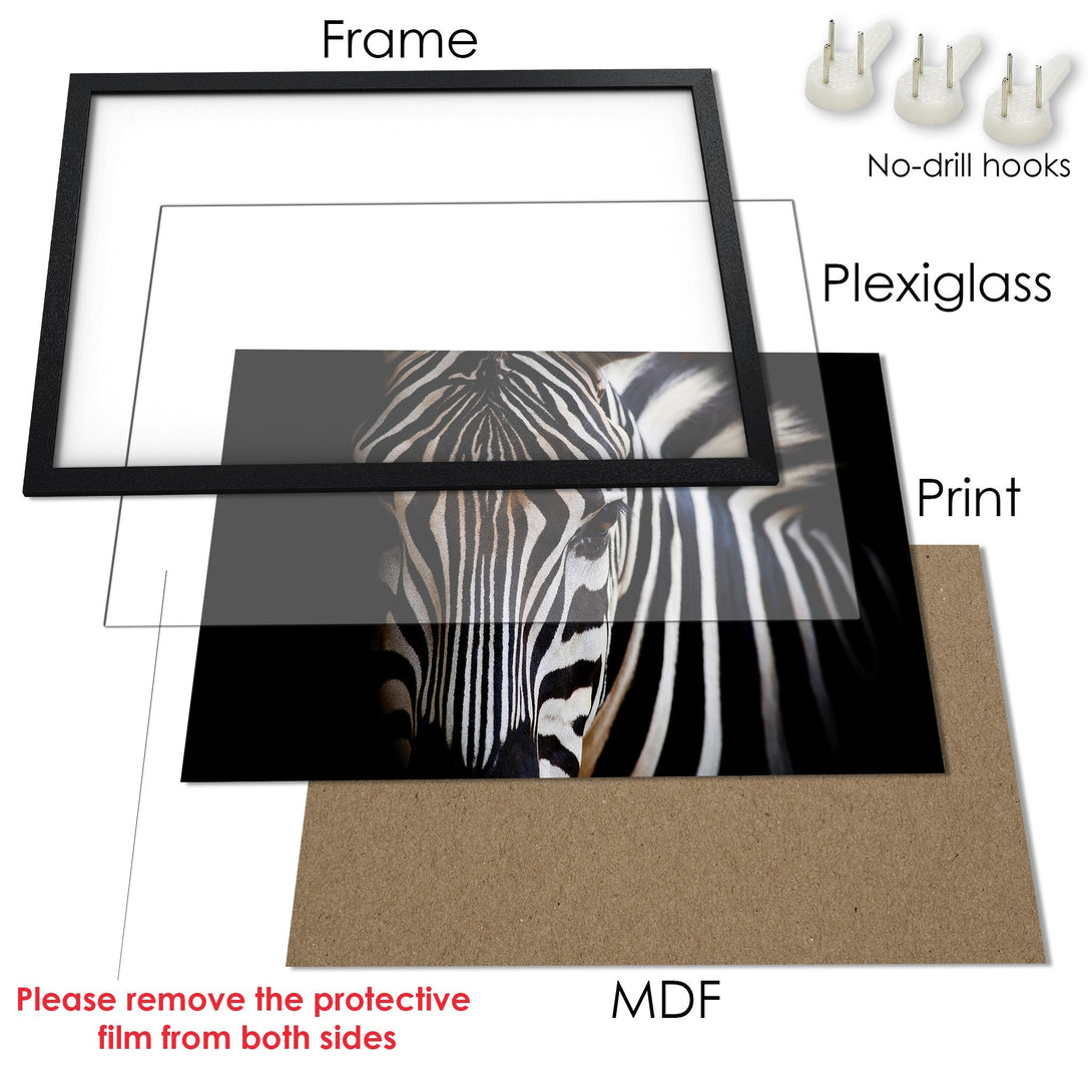 Framed Poster featuring a zebra's face in black and white. Modern art print, ready to hang. Perfect for home decor!