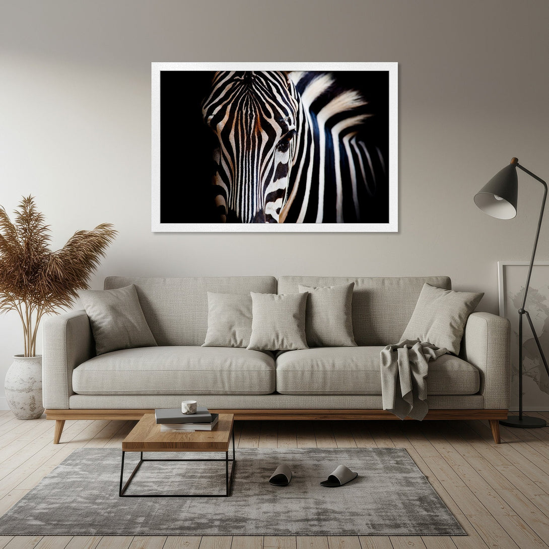 Framed Poster featuring a zebra, black and white photography style. Perfect for modern home decor, neutral color palette.