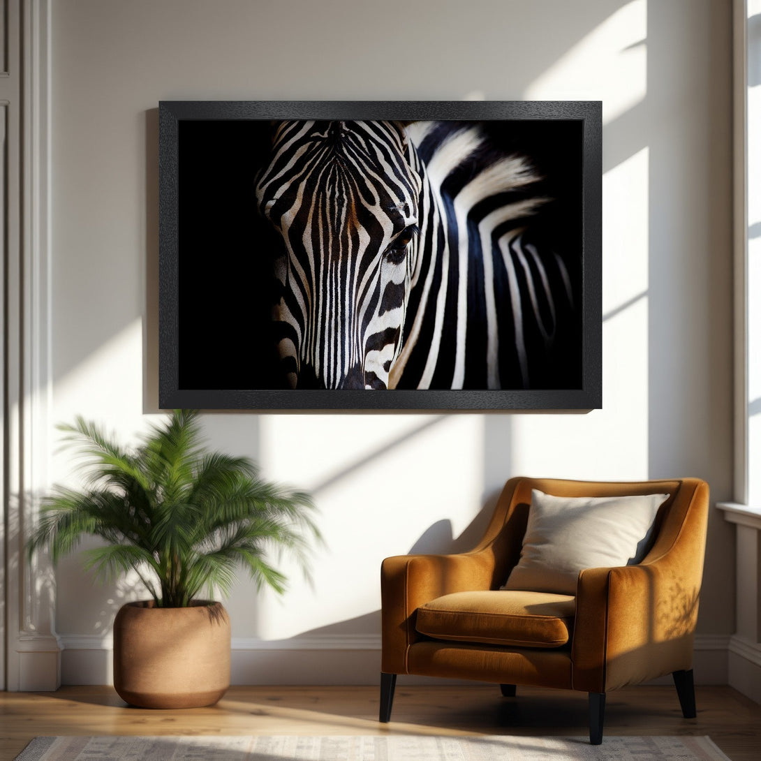 Framed Poster featuring a striking zebra portrait. Modern style with black and white tones, perfect for any room. Add a touch of wildlife to your decor!