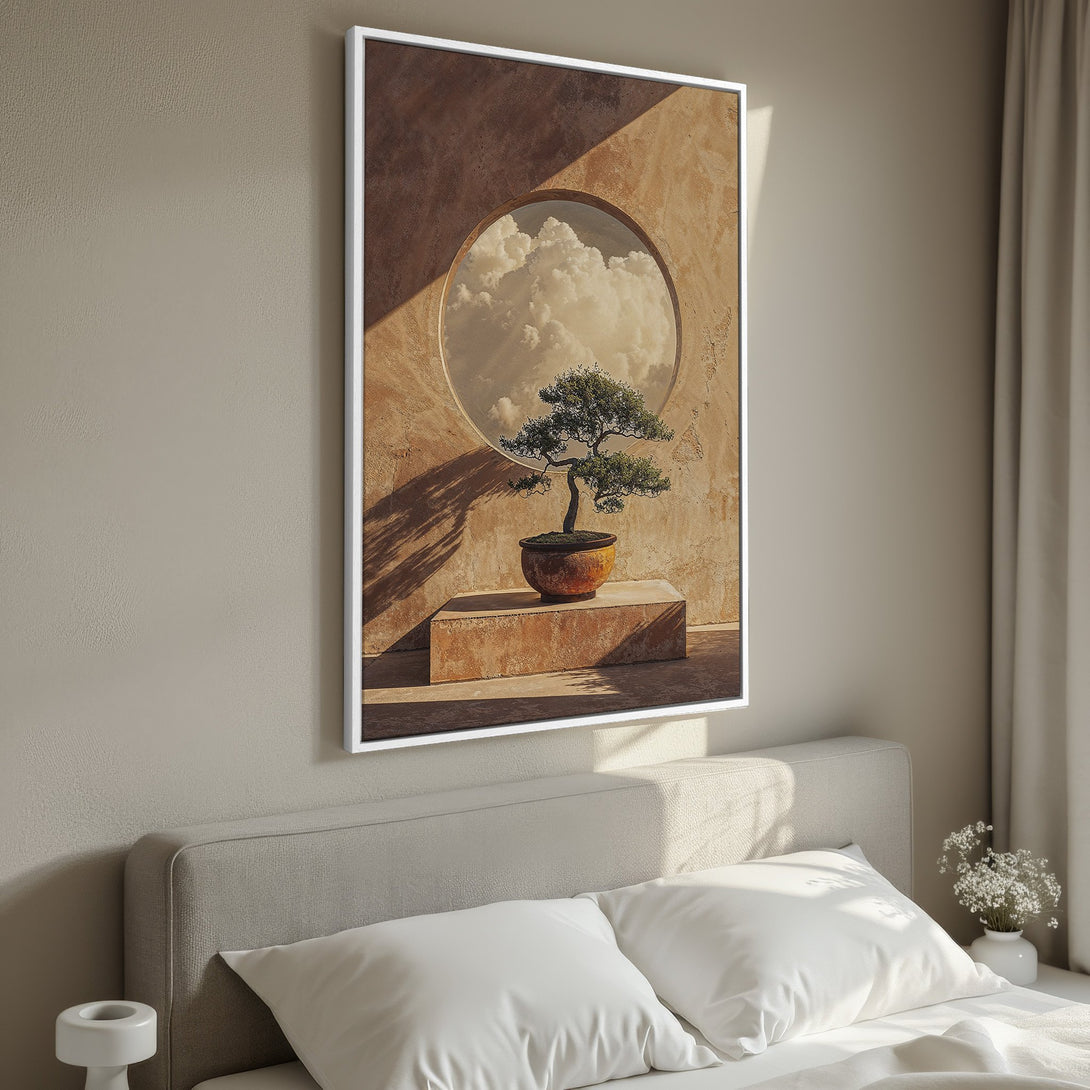 Framed Wall Art featuring a serene bonsai tree with a cloudy sky backdrop. Earthy tones and minimalist style create a calming aesthetic for any space.