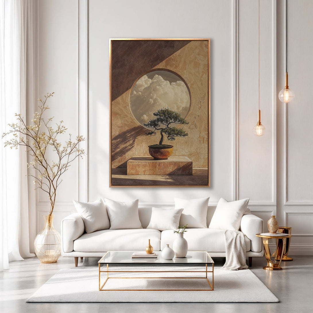 Framed Wall Art featuring a bonsai tree with a neutral, warm color palette. Modern interior design with a touch of zen. Elevate your space with this stunning artwork.