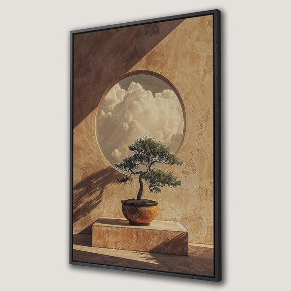 Framed Wall Art: Serene bonsai tree art print in warm earth tones. Adds zen vibes to any space. Perfect for modern or minimalist decor. Shop now!