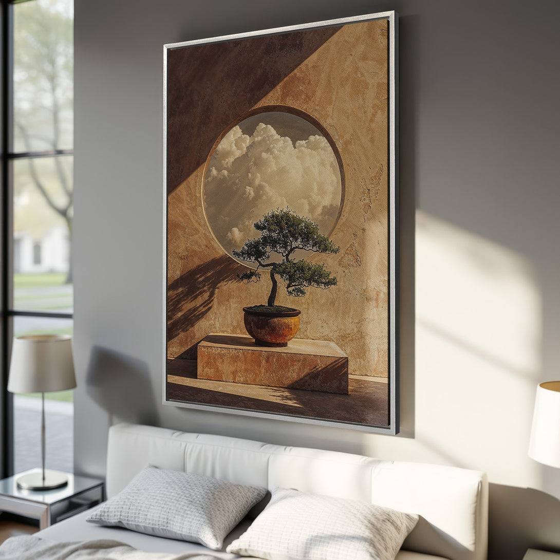 Framed Wall Art featuring a serene bonsai tree scene. Earthy tones and a minimalist style create a calming aesthetic. Perfect for adding zen to your space.