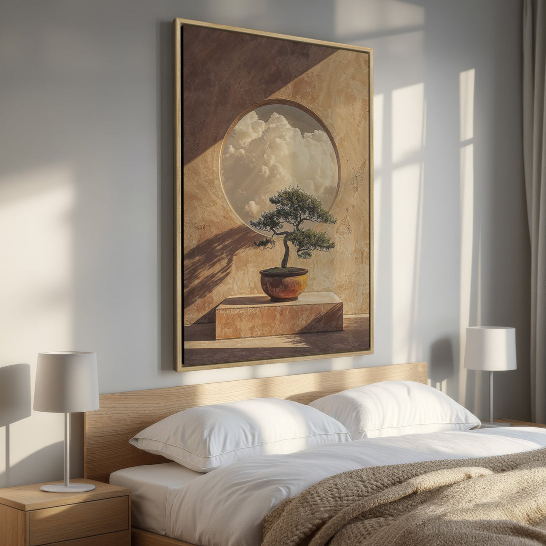 Framed Wall Art: Zen bonsai tree print in warm neutral tones. Enhance your bedroom decor with this calming, minimalist art piece.