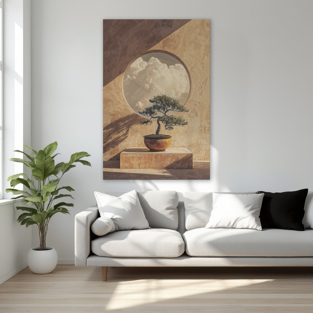 Framed Wall Art featuring a bonsai tree and clouds. Earthy tones and natural light create a serene aesthetic. Perfect for adding a touch of zen to your space.