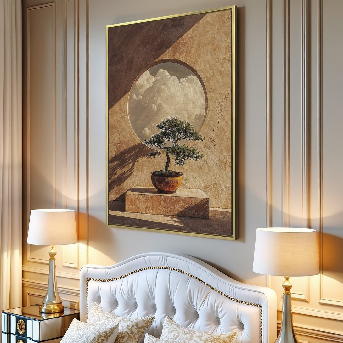 Canvas Print of a serene bonsai tree with a neutral color palette, perfect for modern home decor.