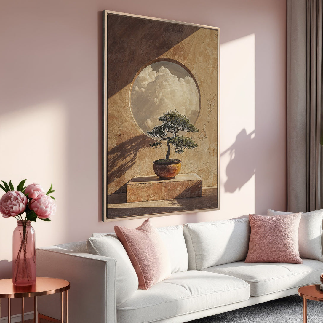 Framed Wall Art featuring a bonsai tree with a neutral, warm color palette. Perfect for adding a touch of zen to your living room. Shop now!
