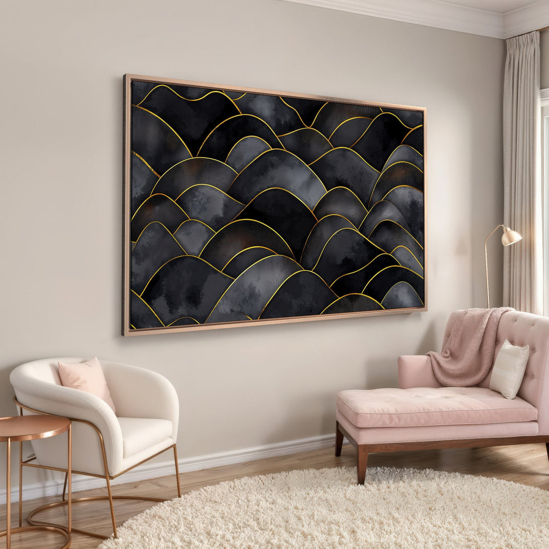 Framed Wall Art: Abstract black & gold Canvas Print. Modern art piece with a neutral color palette, perfect for living room decor.