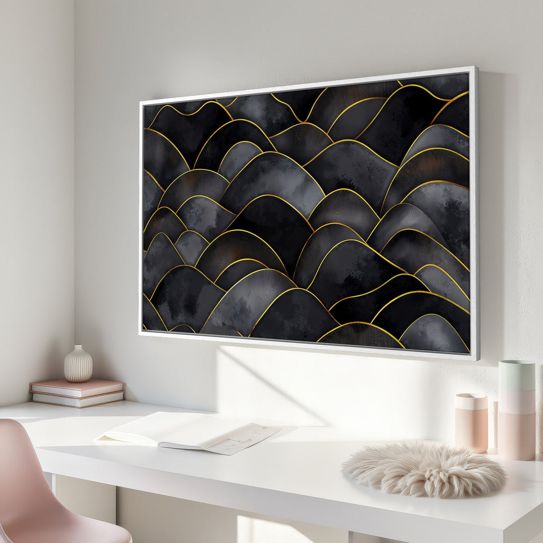 Framed Wall Art featuring abstract black and gold mountain design. Modern art canvas print with a sophisticated, neutral color palette. Perfect for any interior.
