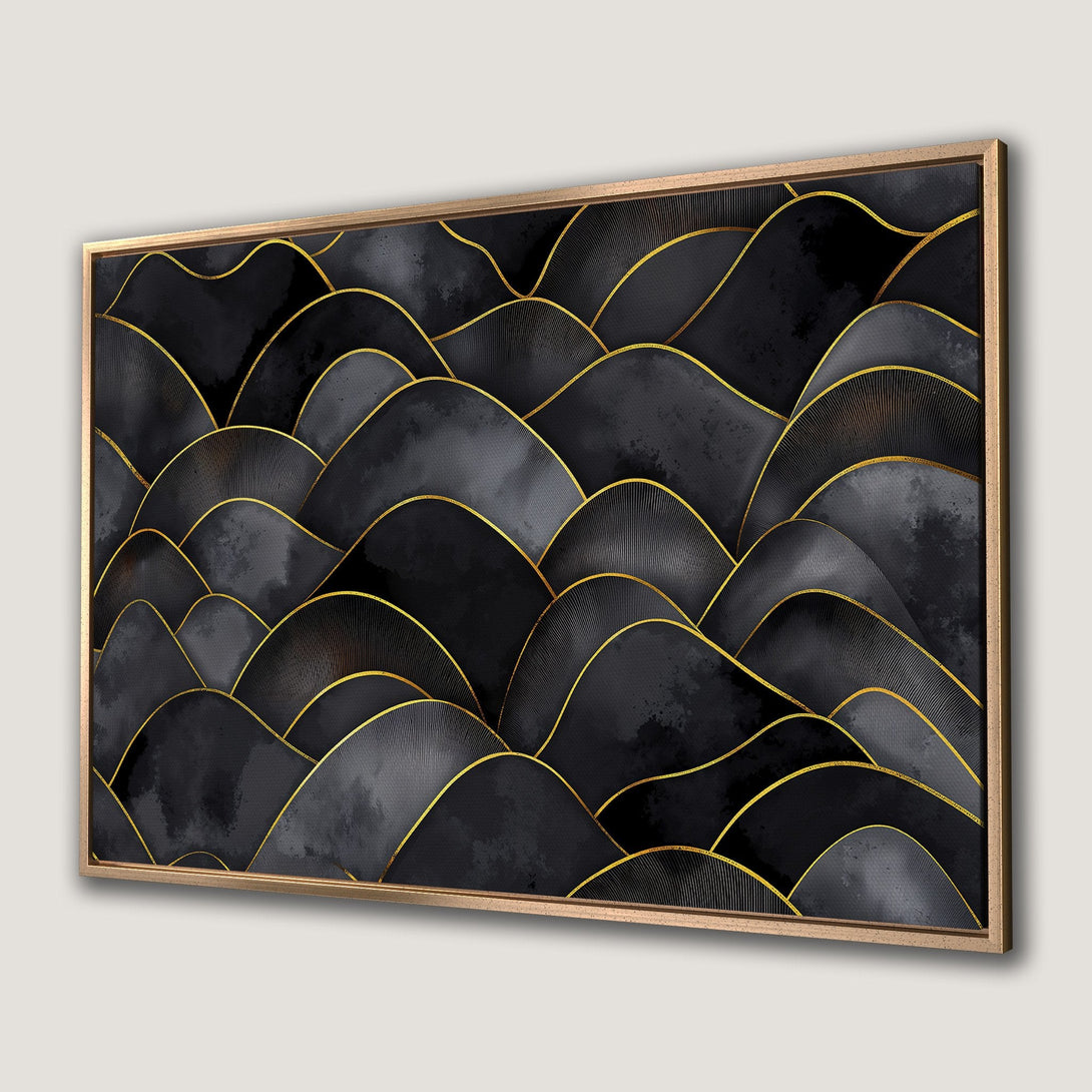 Framed Wall Art: Abstract mountain landscape in black, gray, and gold. Modern art Canvas Print for stylish home decor.