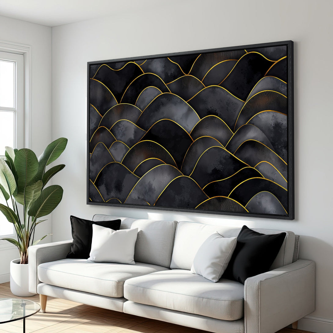 Framed Wall Art featuring a modern abstract design in black and gold, adding a touch of elegance to any living room.