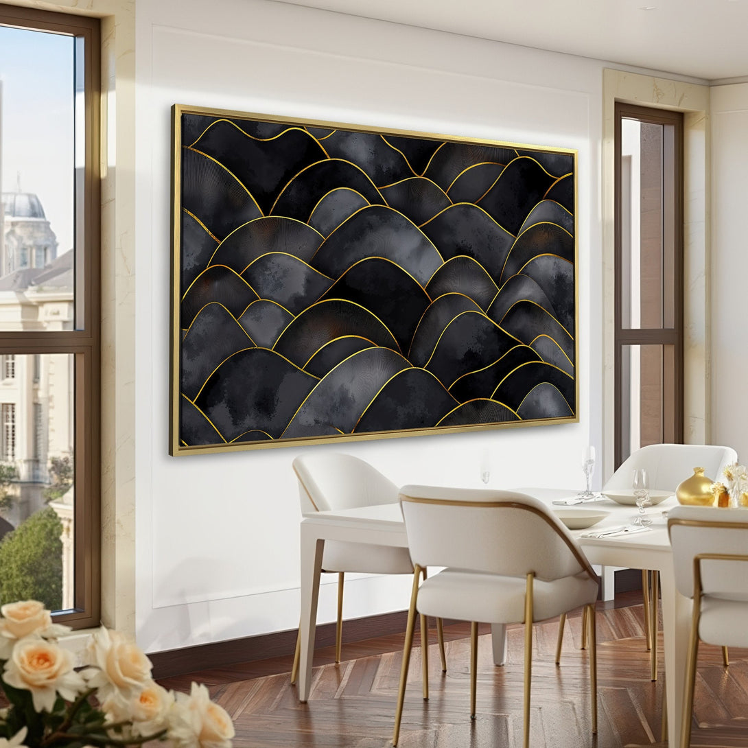 Canvas Print featuring abstract black and gold artwork. Modern style, displayed in a stylish interior with a dark green color palette.