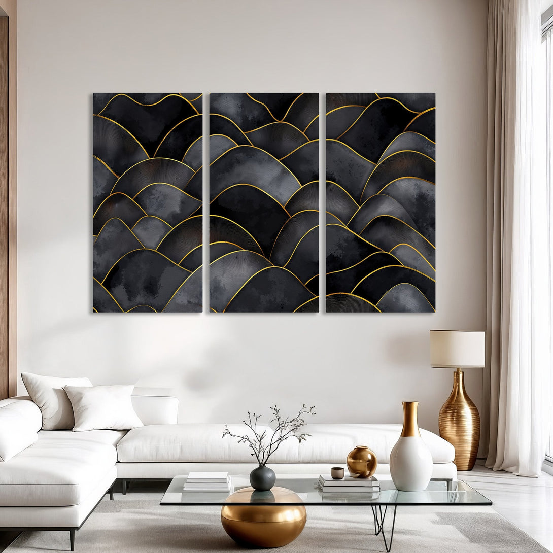 Abstract Canvas Print art featuring a black and gold wave design. Modern wall decor with a sophisticated, neutral color palette.