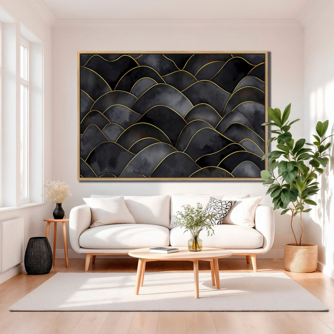 Framed Wall Art featuring abstract black and gold design. Modern canvas print with a neutral color palette, perfect for contemporary home decor.