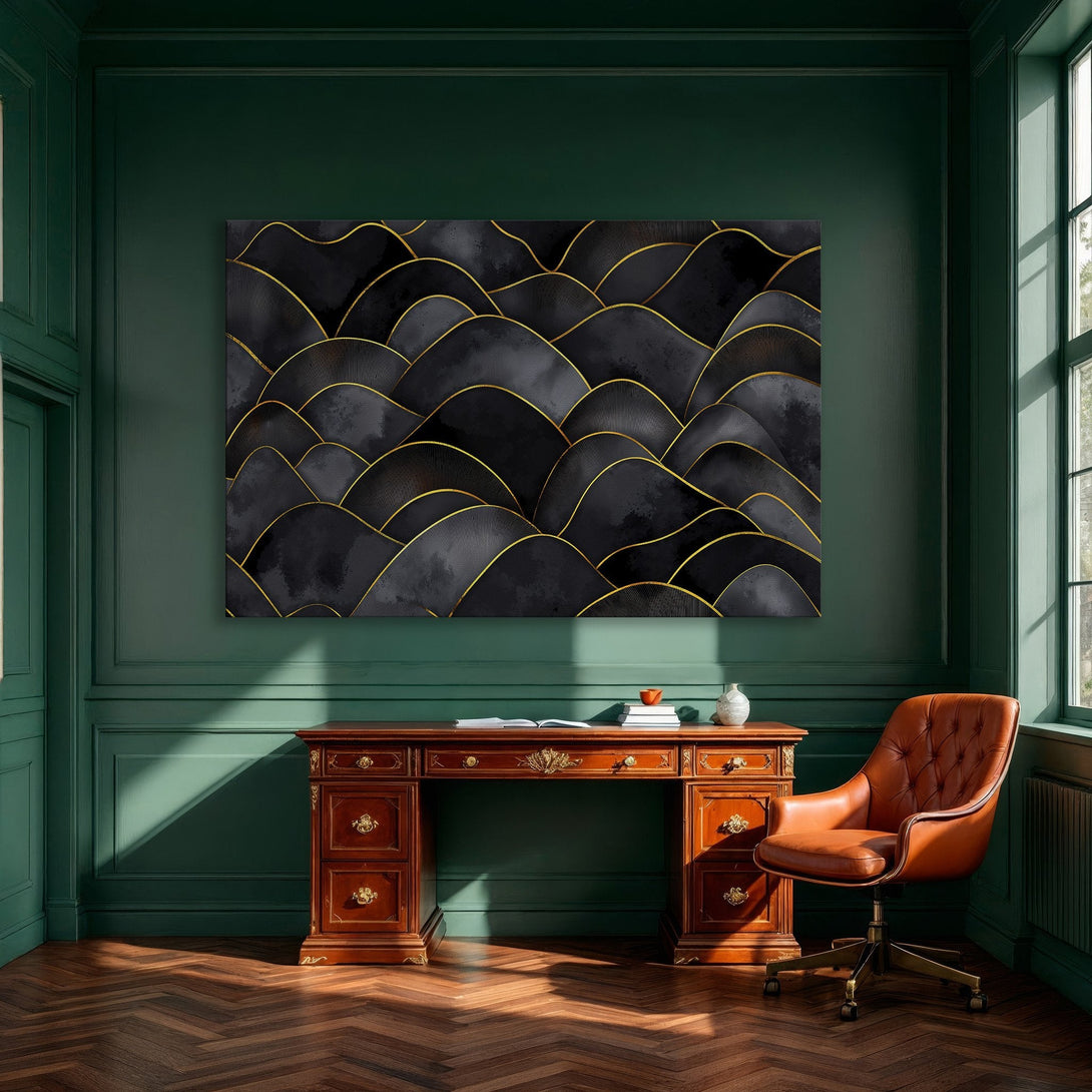 Framed Wall Art: Abstract black and gold canvas print. Modern art piece with elegant, minimalist design in a dining room setting.