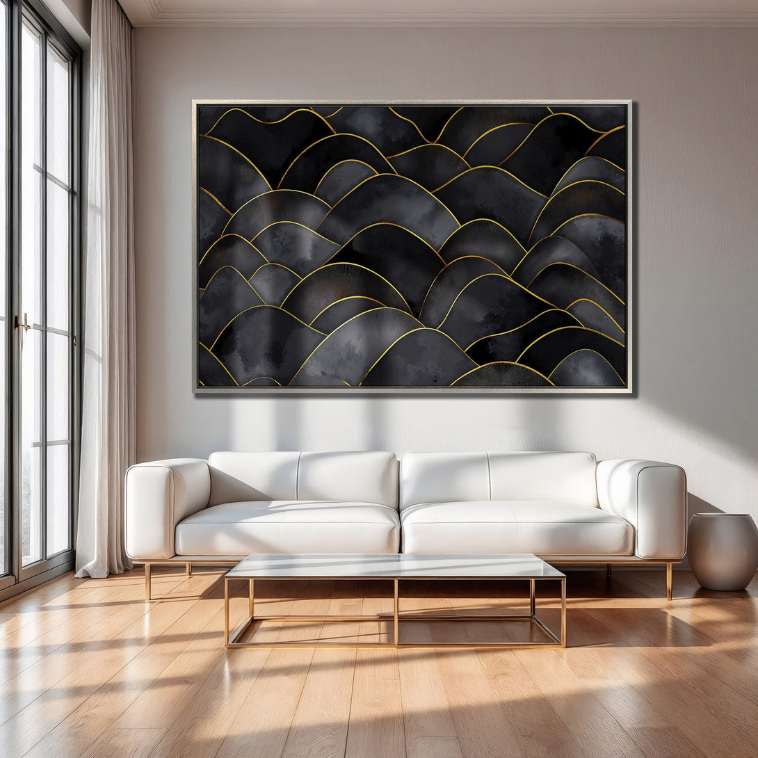 Framed Wall Art: Abstract black and gold art print. Modern, minimalist design with a dark, elegant color palette. Perfect for living room decor.