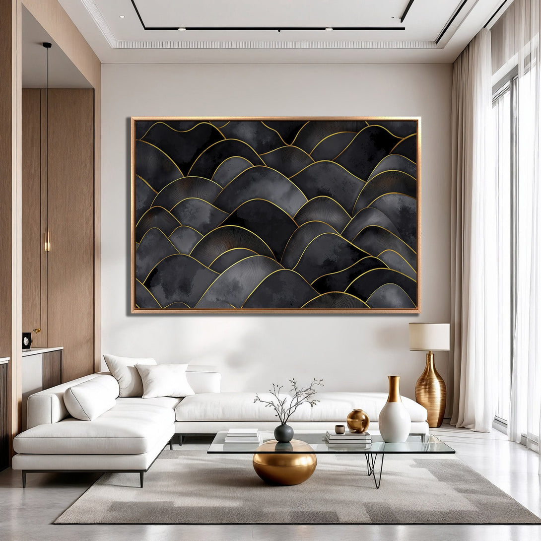 Framed Wall Art: Abstract black and gold art print. Modern, minimalist style with a neutral color palette. Perfect for adding a touch of elegance to your home.