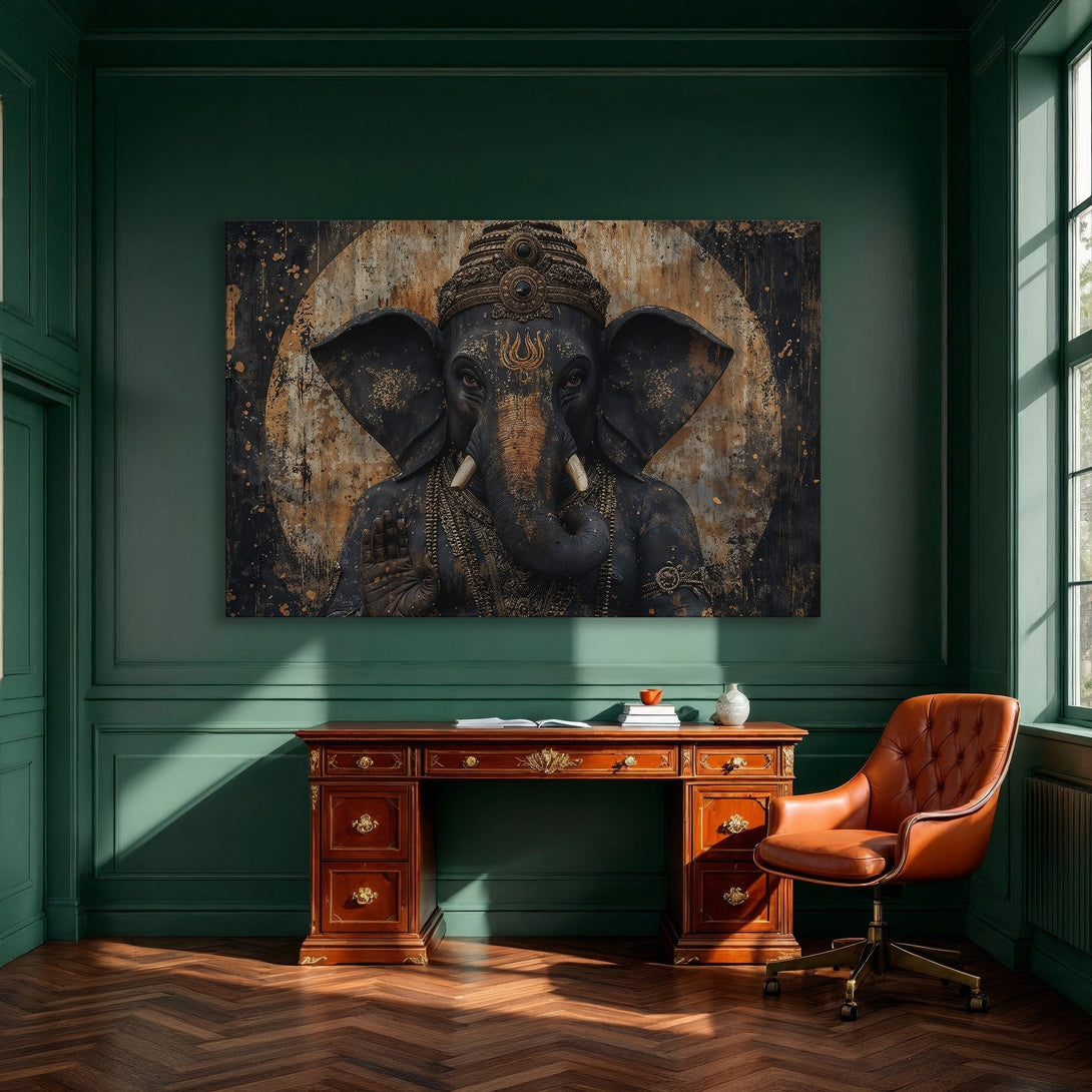 Framed Wall Art: Majestic Ganesh Canvas Print in a dining room. Black, gold, and rust color palette. Elevate your home decor with spiritual art.