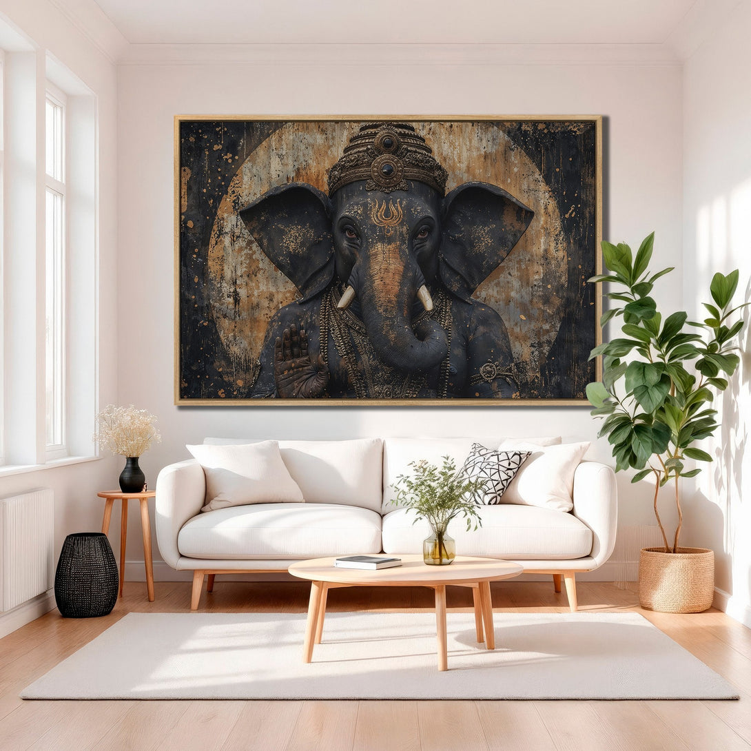 Framed Wall Art featuring a detailed black and gold Ganesh print. Adds a touch of spiritual elegance with its warm, earthy tones to any interior.