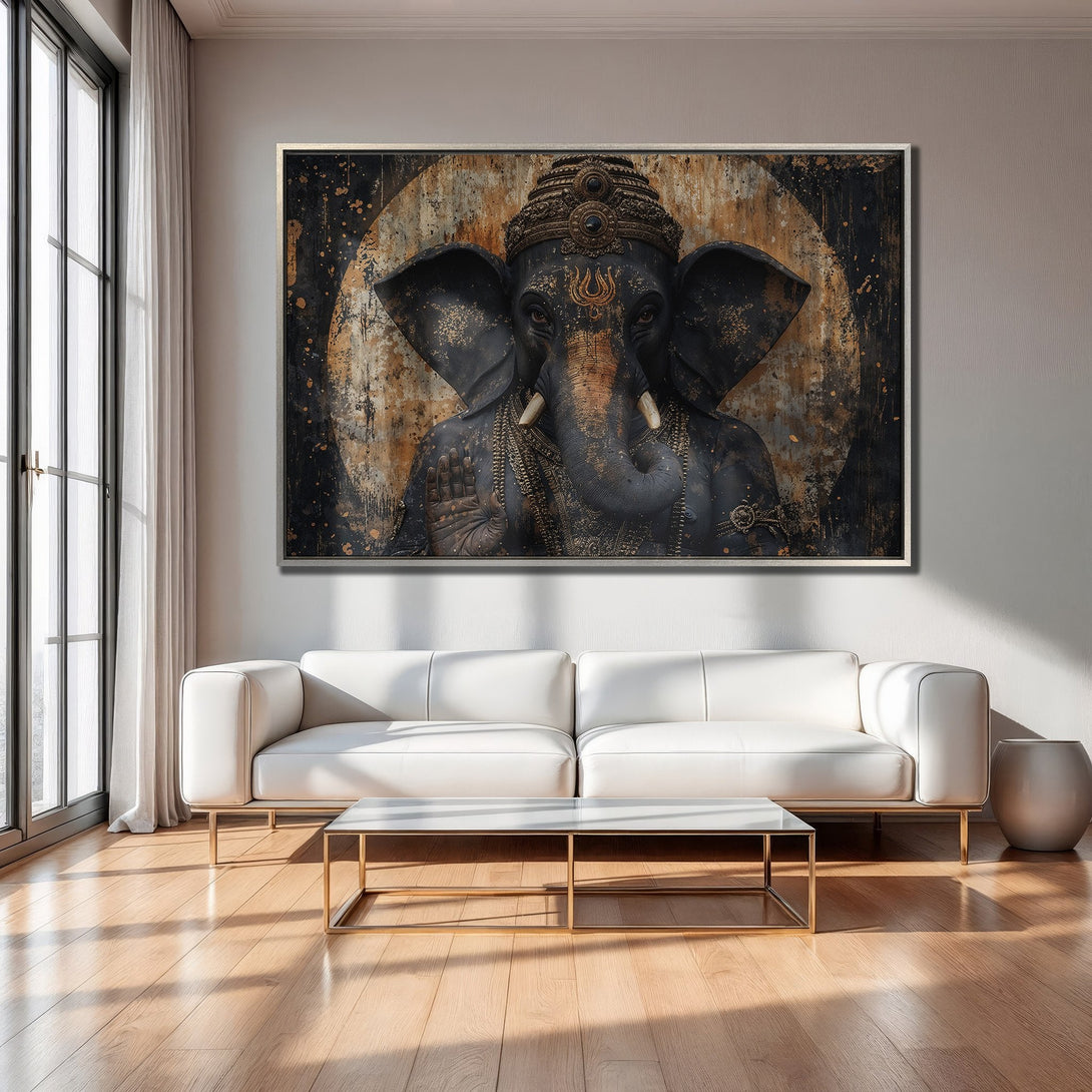 Framed Wall Art: Stunning Ganesha Canvas Print in a modern interior. Features a dark, textured style with a black, gold, and brown color palette. Elevate your home decor!