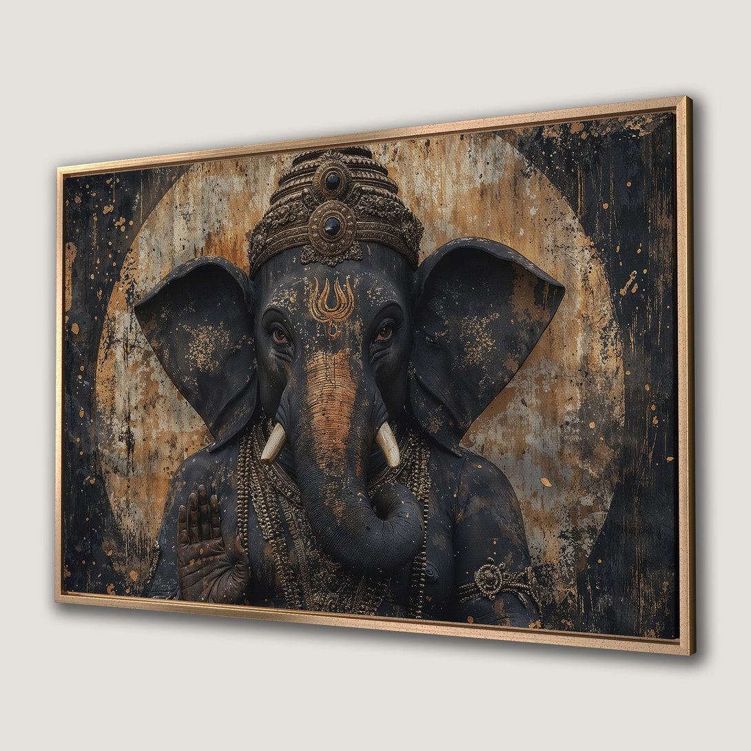 Framed Wall Art featuring a majestic Ganesh in a dark, textured style with gold accents. Stunning black, gold, and brown color palette for a unique statement piece.